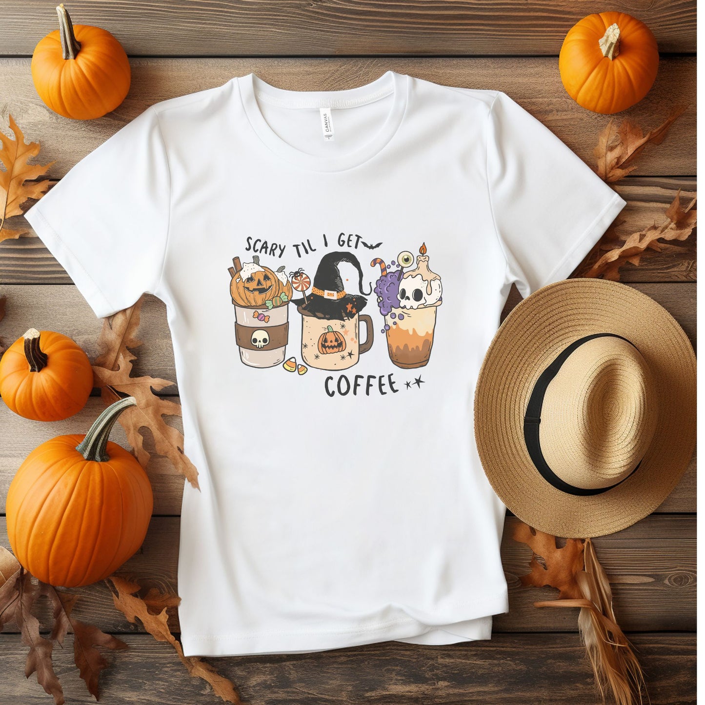 Scary Til I Get Coffee Halloween T-Shirt – Funny Fall Tee for Coffee Lovers