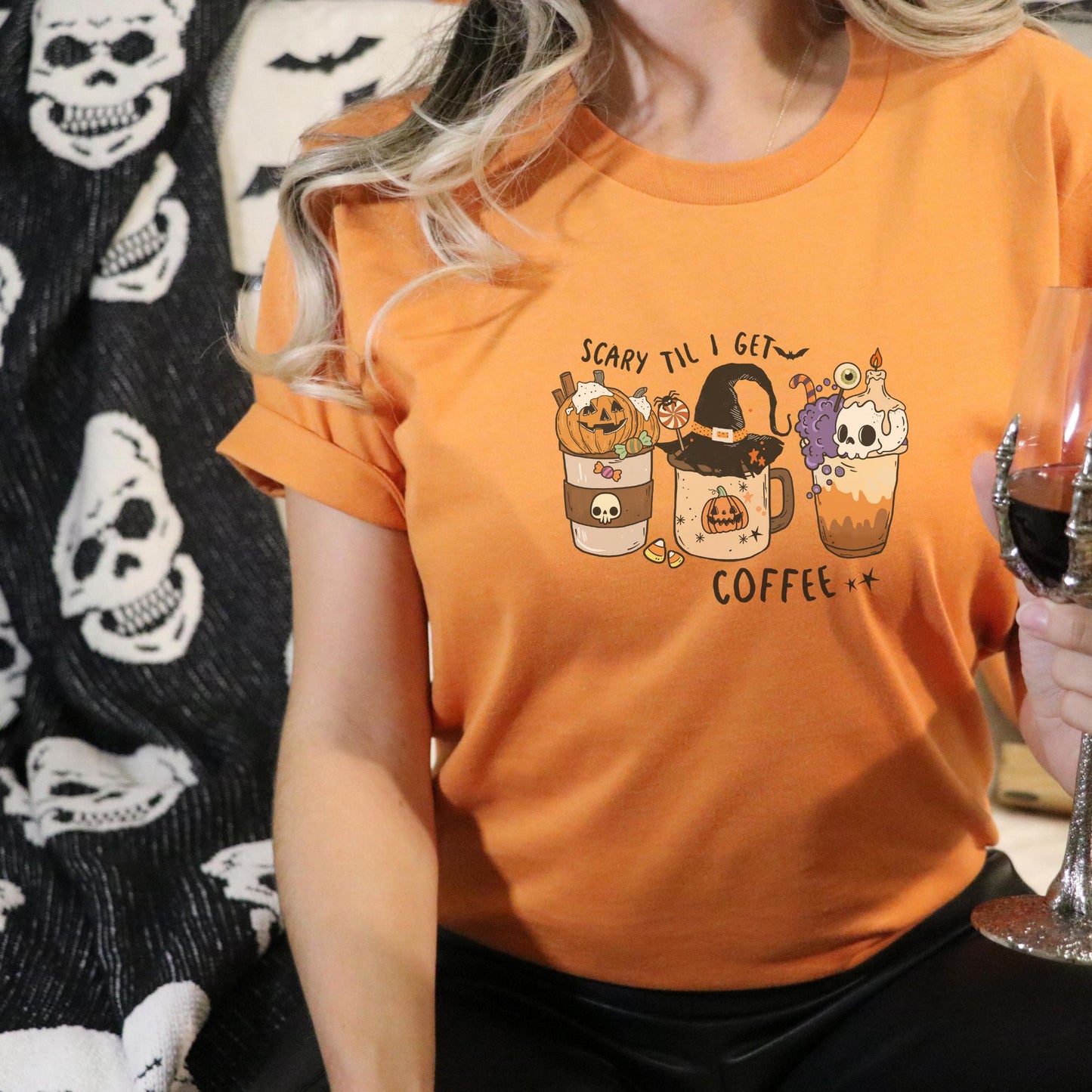 Scary Til I Get Coffee Halloween T-Shirt – Funny Fall Tee for Coffee Lovers