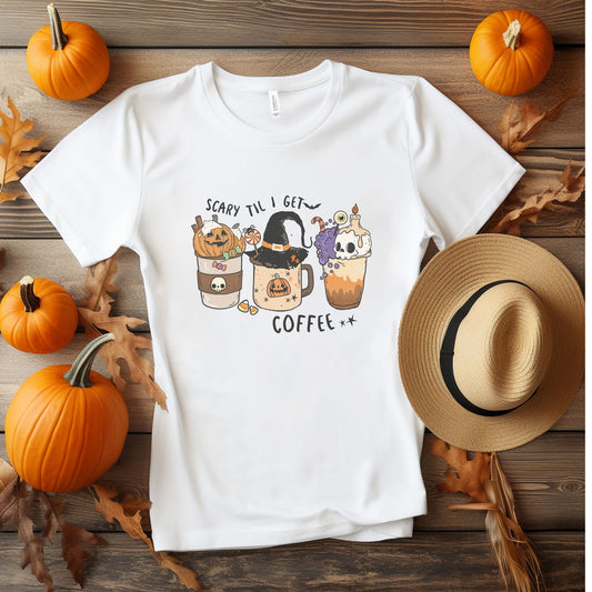 Scary Til I Get Coffee Halloween T-Shirt – Funny Fall Tee for Coffee Lovers